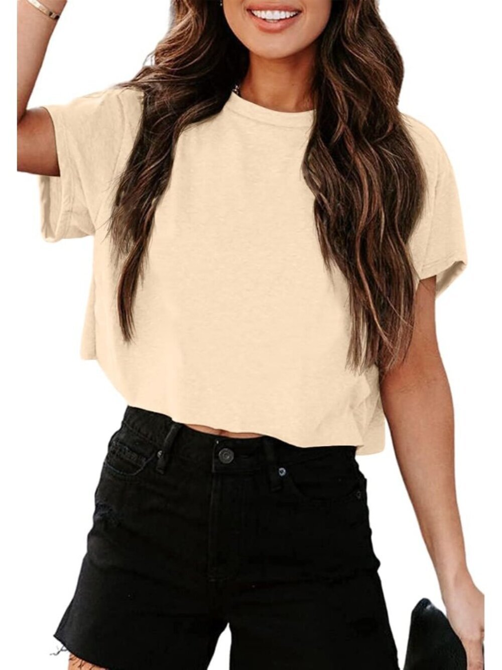 Women's Apricot Short Sleeve Crew Neck Loose Casual Drop Shoulder Crop Tops